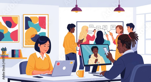 Diverse team brainstorming and collaborating in a modern office, perfect for illustrating teamwork and innovation in business presentations.