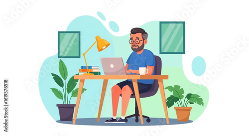 Man working from home on laptop, perfect for remote work, freelance, and productivity website banners.