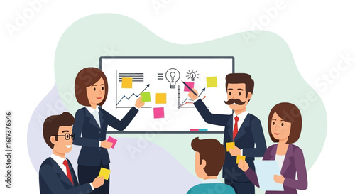 Business team brainstorming ideas on a whiteboard, perfect for presentations or marketing materials.