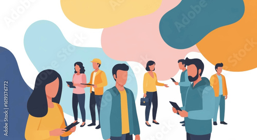 Diverse group of people using digital devices, perfect for website banners or app interfaces.