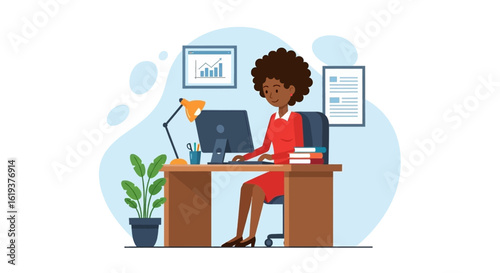 African American businesswoman working at her desk, perfect for websites, presentations, or brochures related to business, success, and work.