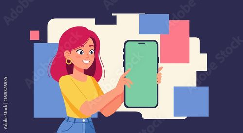 Young woman presenting a large smartphone screen, perfect for app showcases or mobile website banners.