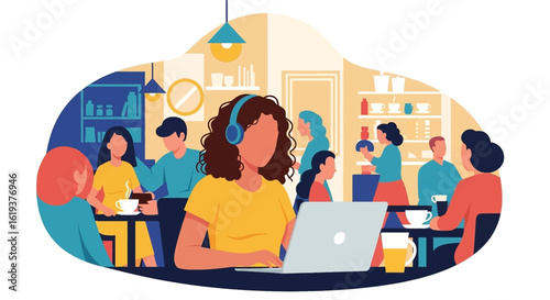 Modern illustration of people working and socializing in a cafe, perfect for a blog post about coworking spaces or remote work.