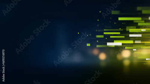 An abstract high-tech background features moving dot particles and glowing lines in shades of green and yellow on a dark blue.