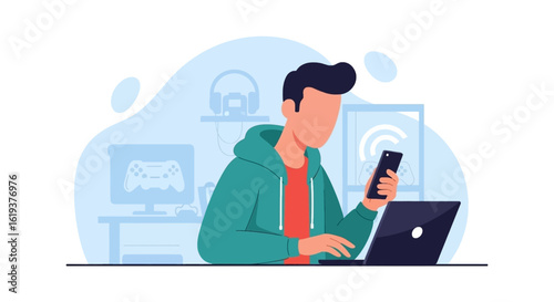 Young man using smartphone and laptop, perfect for blog posts about gaming, technology or online communication.