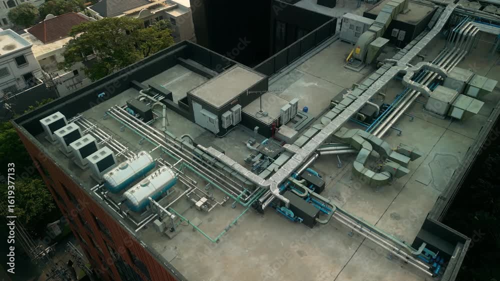 Detailed top-down view of rooftop HVAC layout including air conditioning units, tanks, ducting and insulated piping. Urban engineering solution for climate control on high-rise building.