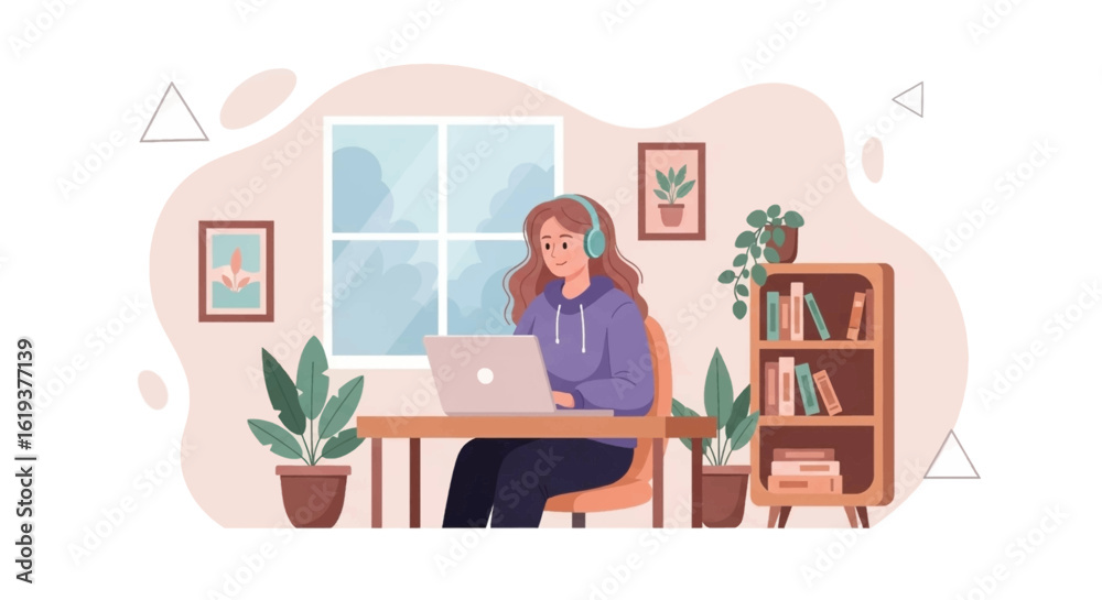 Fototapeta premium Young woman working from home on laptop, wearing headphones. Perfect for blog posts, websites, and social media about remote work, online learning, or freelance lifestyle.