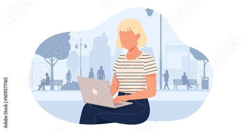 Woman working on laptop in city park - perfect for blog posts, website banners, and social media.
