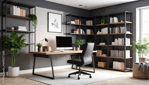 Modern home office with dark wood and metal shelving, desk, and chair