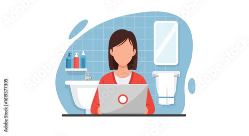 Woman working on laptop in bathroom, perfect for blog post on work-life balance or remote work.