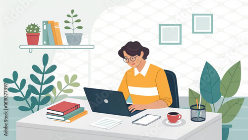 Person working on laptop at home office, perfect for blog post, website banner or social media.
