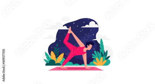 Person doing yoga outdoors at night, perfect for wellness websites or brochures.