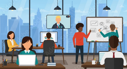 Diverse team collaborating in modern office, perfect for website banners or presentations on teamwork and innovation.