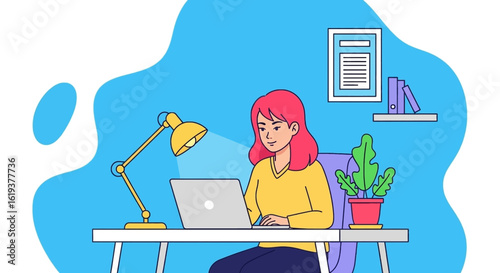 Woman working on laptop at home office, perfect for blog posts or website banners.