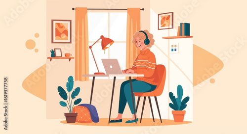 Woman working from home on laptop, cozy home office illustration, perfect for blogs and websites about remote work.