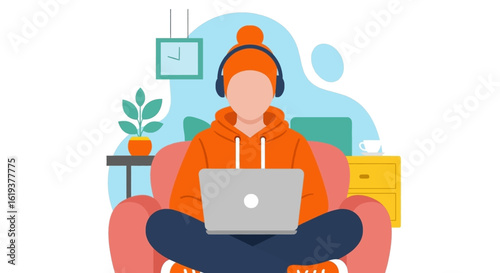 Person working from home on laptop, comfy chair, headphones, illustration for blog, website, or landing page.