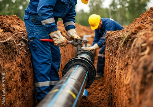 construction worker with a pipe, Workers install plastic pipes in trench for water, sewerage, electricity, fiber optics in urban center. Construction of drinking water plumbing pipeline repair in spri