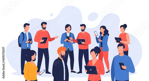 Diverse group of people using mobile devices and laptops. Ideal for websites, presentations, and marketing materials related to technology, communication, and teamwork.
