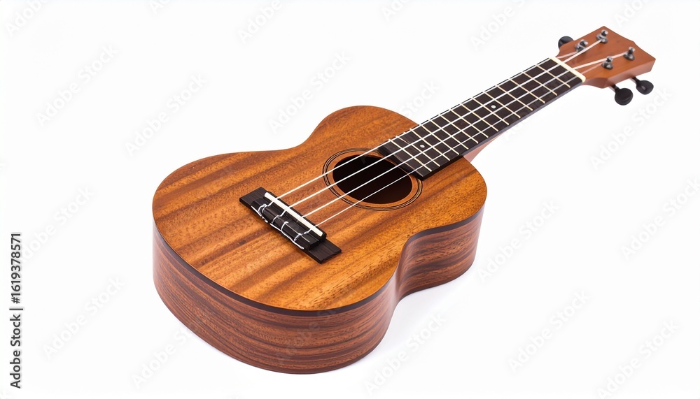 Fototapeta premium A classic wooden acoustic guitar with six strings, isolated on a clean white background, ready for music