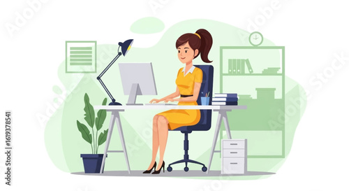 Young businesswoman working at her desk, perfect for website banners or business brochures.