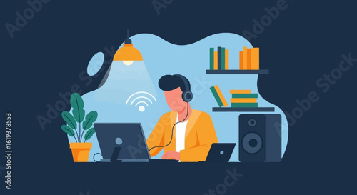 Person working from home with laptop, headphones, and speaker. Ideal for website banners, blog posts, and articles about remote work.