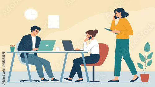 Teamwork in a modern office: three colleagues collaborating on projects, perfect for website banners or business presentations.