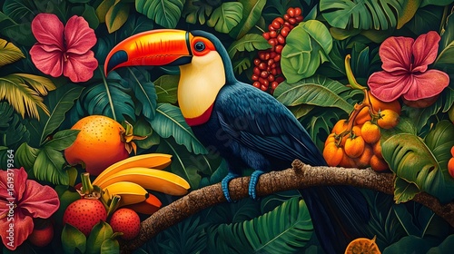 A captivating image of a vibrant toucan perched on a branch amidst a lush jungle backdrop, surrounded by colorful fruits, flowers and tropical leaves. Ideal for nature themes.