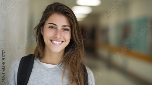 A smiling young student with a backpack, captured in soft classroom light.