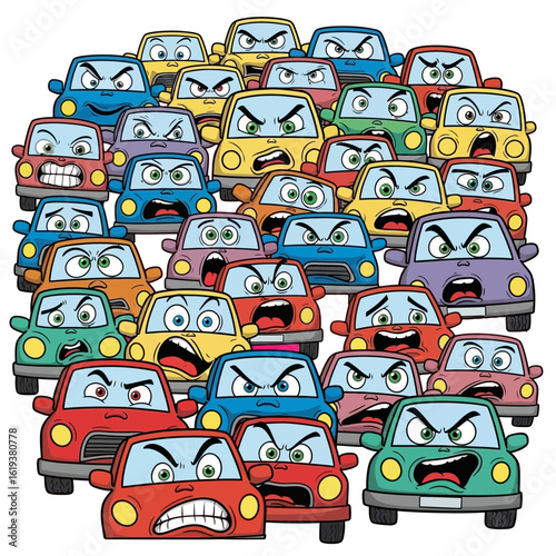 A densely packed group of cartoon cars each with expressive anthropomorphic faces conveying a range of emotions like anger frustration and surprise