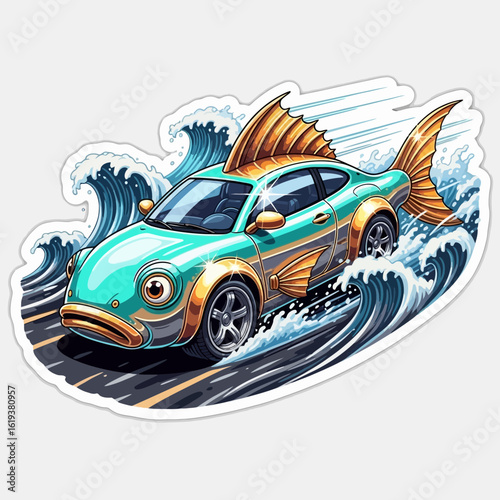 A teal and gold car designed with fish features fins and a tail speeding through stylized blue waves