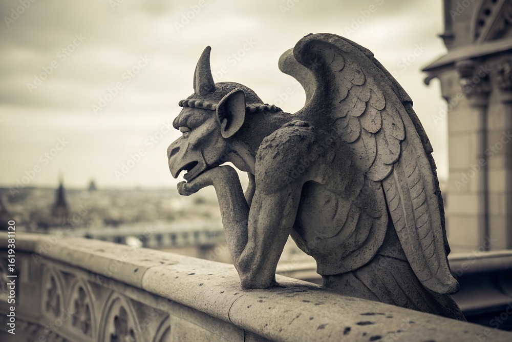 Fototapeta premium Thoughtful Gargoyle Statue on Parisian Balcony