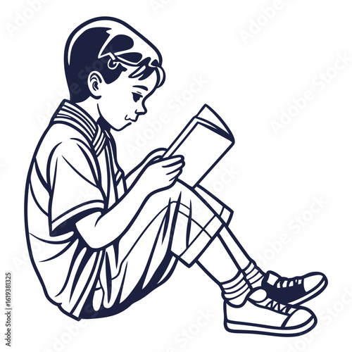 A young boy sits on the floor while intently reading a book.