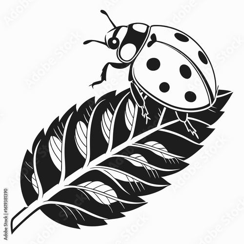 A black and white graphic illustration of a spotted ladybug resting on a single leaf.