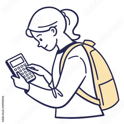 A young female student with a ponytail and backpack is using a calculator for math.