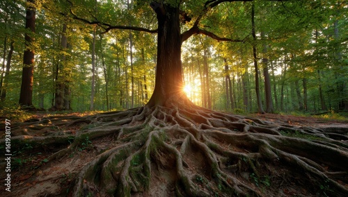 Majestic tree roots sprawl in forest as sun shines in the background. Ecology stock