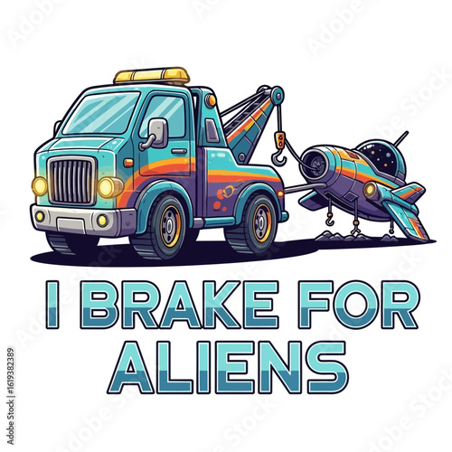 Blue tow truck with rainbow accents hooks a colorful alien spaceship for towing vehicle transportation