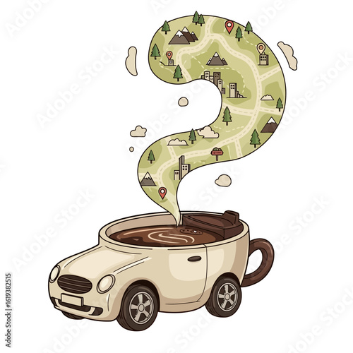 A white coffee cup with wheels and a lid contains coffee with a question mark shape rising from it depicting a map with towns trees and mountains