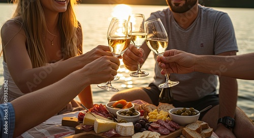 Friends toasting wine at lake sunset picnic