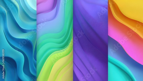 Abstract, vibrant, colorful, wavy, fluid shapes, in a grid pattern