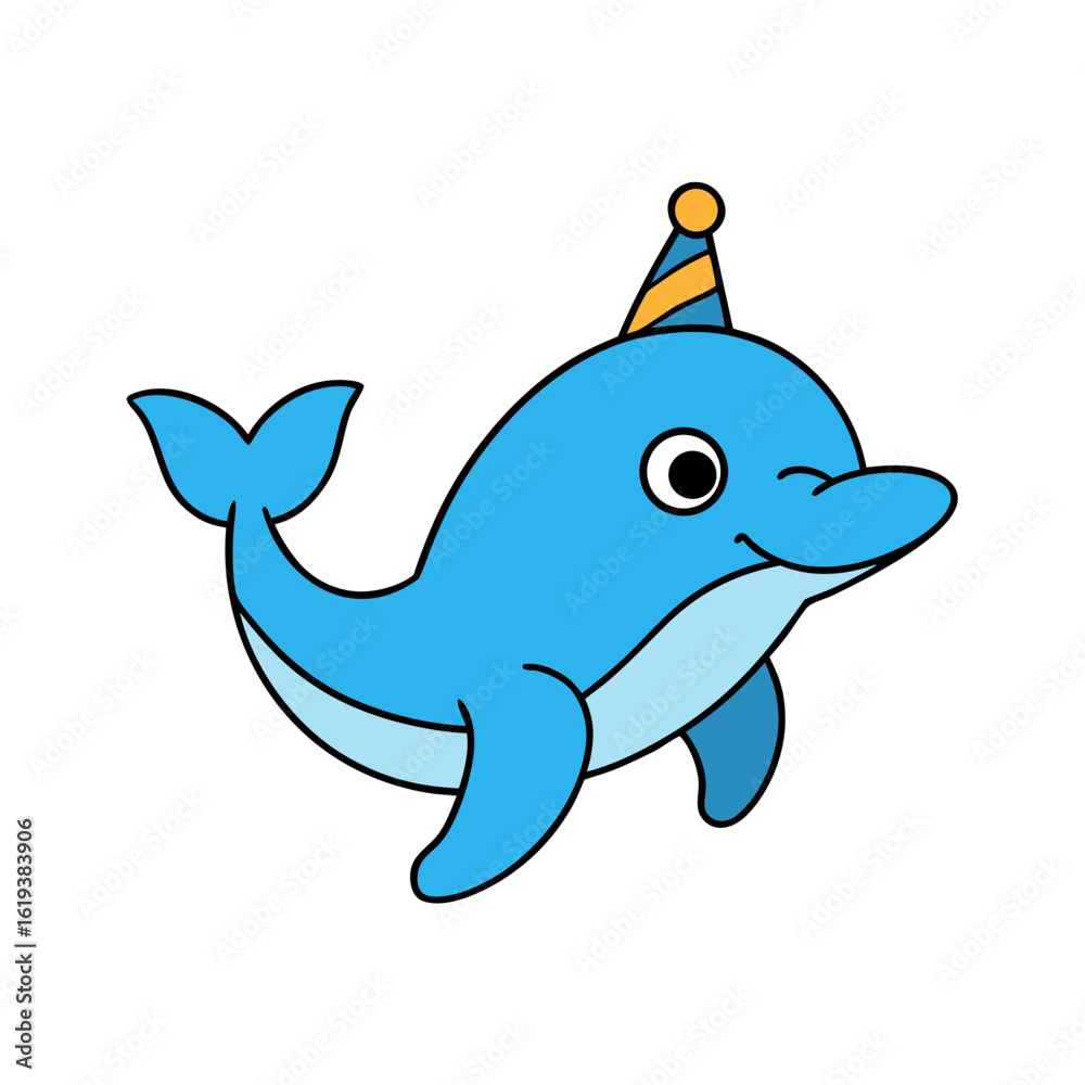 Obraz premium Cartoon Porpoise Vector Wearing a Party Hat