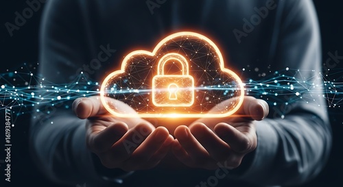 Photo of a person holds a glowing cloud with a padlock, representing cloud security