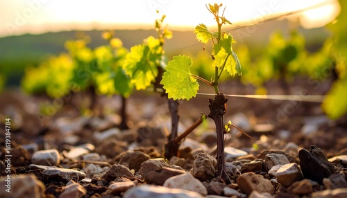 Young vineyard plants during golden hour create a picturesque rural scene