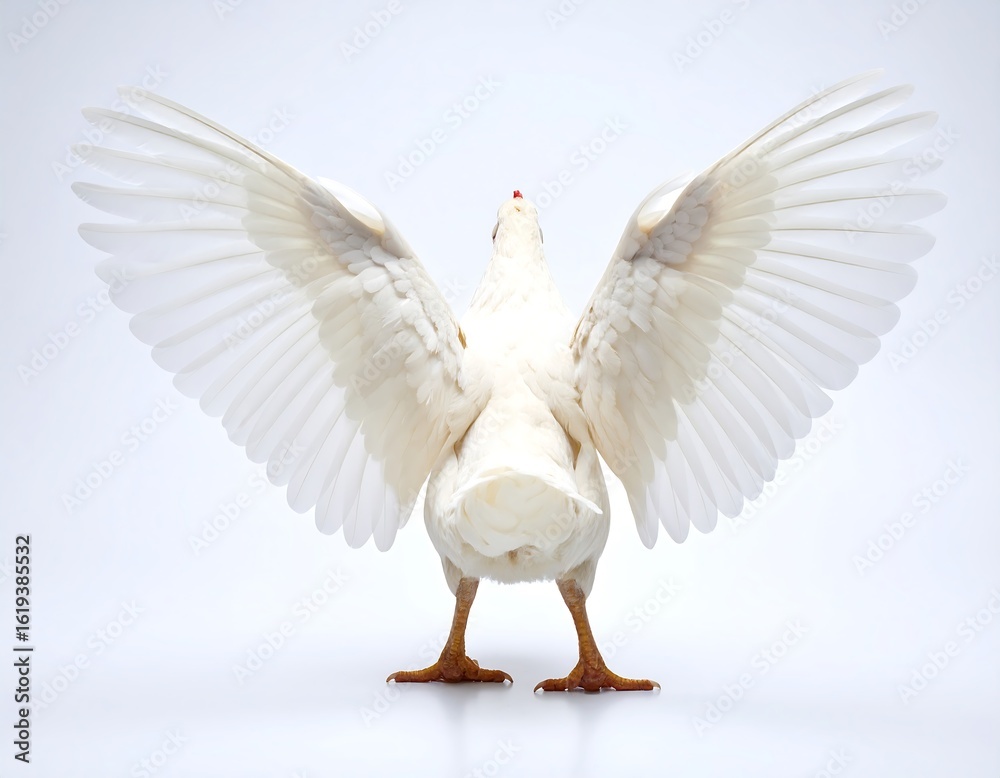 Obraz premium White fowl with outstretched wings against a plain backdrop