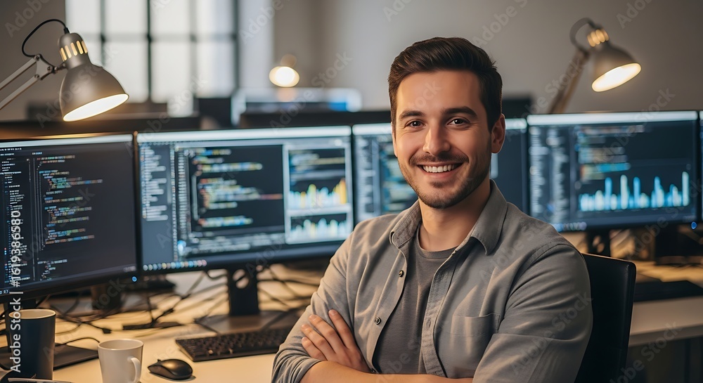 Photo of a smiling programmer poses confidently in front of multiple monitors Photo of a smiling programmer poses confidently in front of multiple monitors
