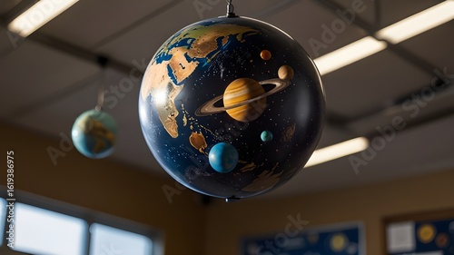 A solar system model hanging from a classroom ceiling 