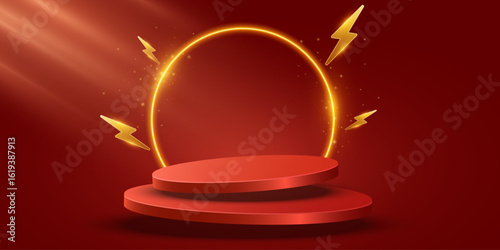 3D podium design for product display or sales events presentations. Levitating red podium with glowing ring, lightning symbols and spotlight. Fashion scene for sale presentation. Vector illustration.