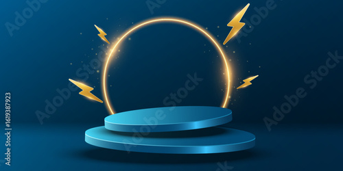 Abstract 3D podium design for product display or sales events presentations. Levitating blue podium with glowing ring and lightning symbols. Fashion scene for sale presentation. Vector illustration.