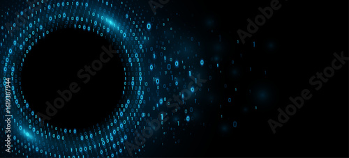 Futuristic circular flow of glowing binary code forming a digital vortex. Big data visualization into cyberspace. Technology network background. AI programming machine. Vector illustration.