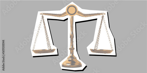 halftone stipple Scale of justice dotted collage element pointillize in paper torn vector. Symbolizes legal balance, fairness, and law enforcement with a textured, artistic effect.