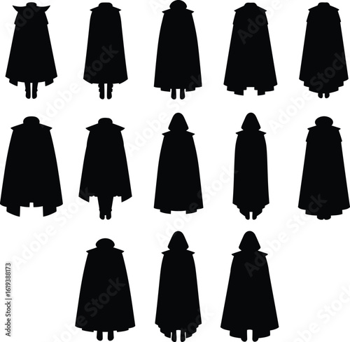 Black Silhouette Cloak Back Views Collection: Mysterious Hooded Capes for Fantasy, Halloween, Historical, and Superhero Themes - Diverse Figures from Behind.
